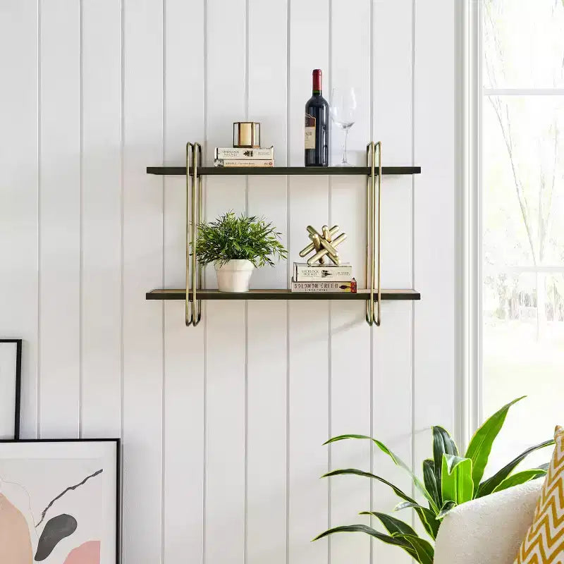 2 Tier Metal and Wood Hanging Bracket Wall Mounted Shelf Gold: Floating Storage, Bathroom Display