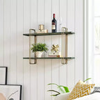 Mensola da parete con staffa a 2 livelli in metallo e legno, colore oro: Contenitore galleggiante, Espositore da bagno