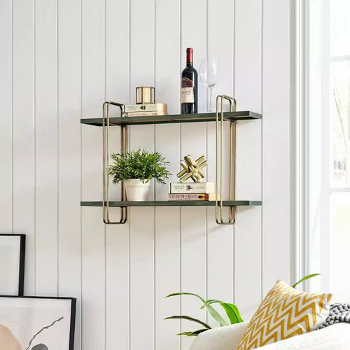 2 Tier Metal and Wood Hanging Bracket Wall Mounted Shelf Gold: Floating Storage, Bathroom Display