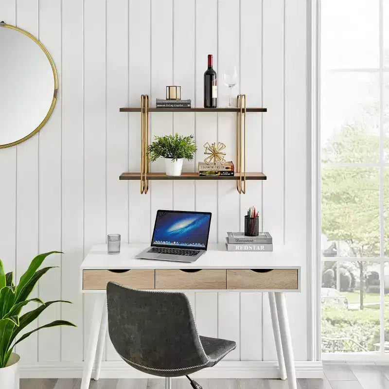 2 Tier Metal and Wood Hanging Bracket Wall Mounted Shelf Gold: Floating Storage, Bathroom Display