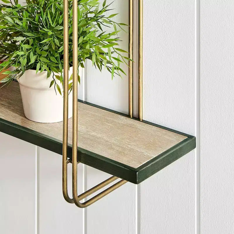 2 Tier Metal and Wood Hanging Bracket Wall Mounted Shelf Gold: Floating Storage, Bathroom Display