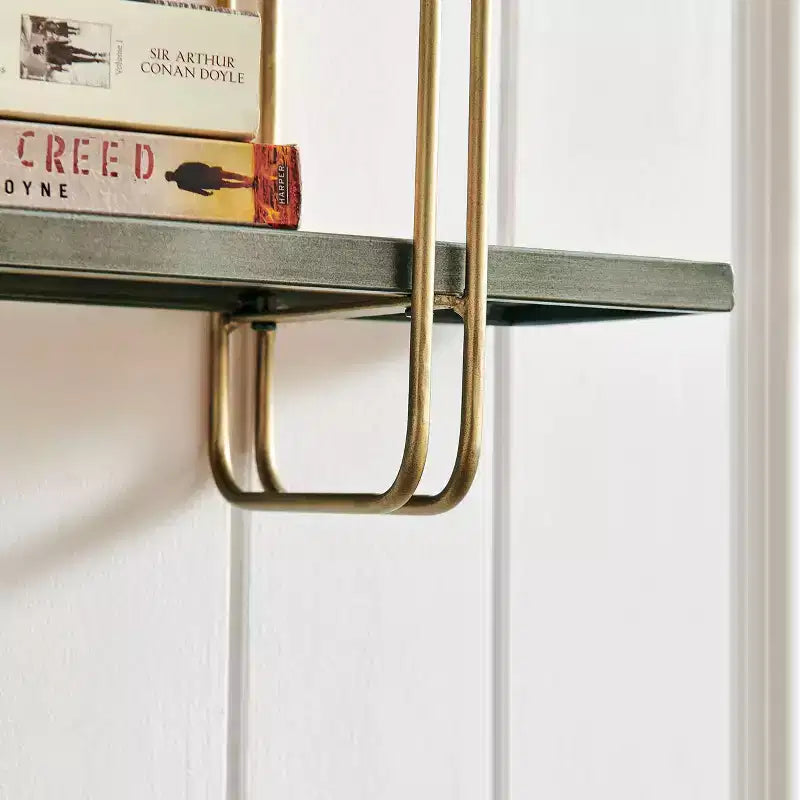 Mensola da parete con staffa a 2 livelli in metallo e legno, colore oro: Contenitore galleggiante, Espositore da bagno