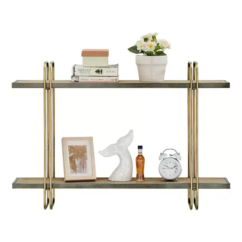 Mensola da parete con staffa a 2 livelli in metallo e legno, colore oro: Contenitore galleggiante, Espositore da bagno