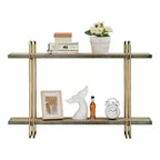 Mensola da parete con staffa a 2 livelli in metallo e legno, colore oro: Contenitore galleggiante, Espositore da bagno