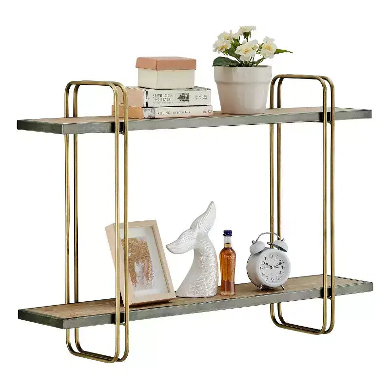 Mensola da parete con staffa a 2 livelli in metallo e legno, colore oro: Contenitore galleggiante, Espositore da bagno