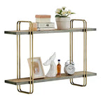 Mensola da parete con staffa a 2 livelli in metallo e legno, colore oro: Contenitore galleggiante, Espositore da bagno