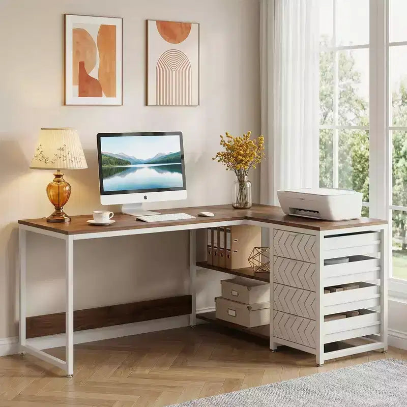 Reversible L-Shaped Desk with 2-Tier Shelf & 4 Drawers