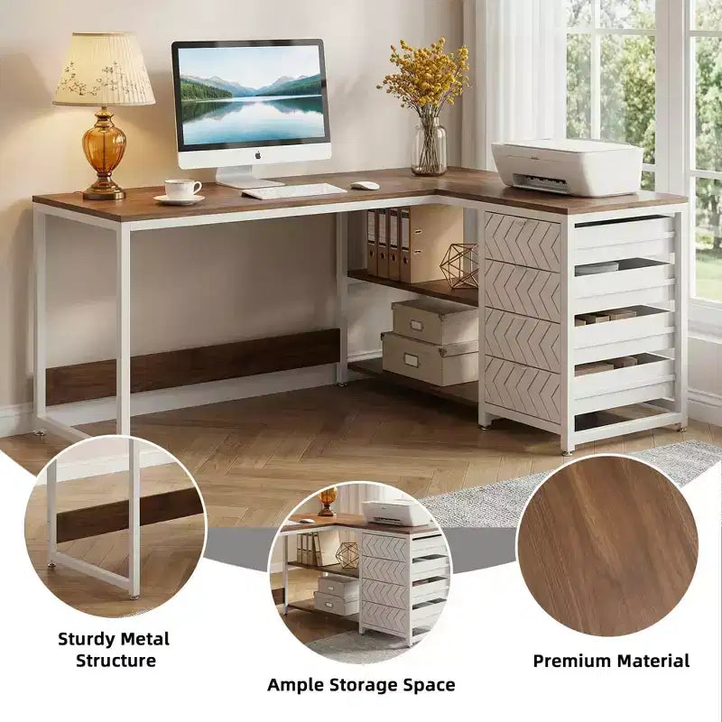 Reversible L-Shaped Desk with 2-Tier Shelf & 4 Drawers