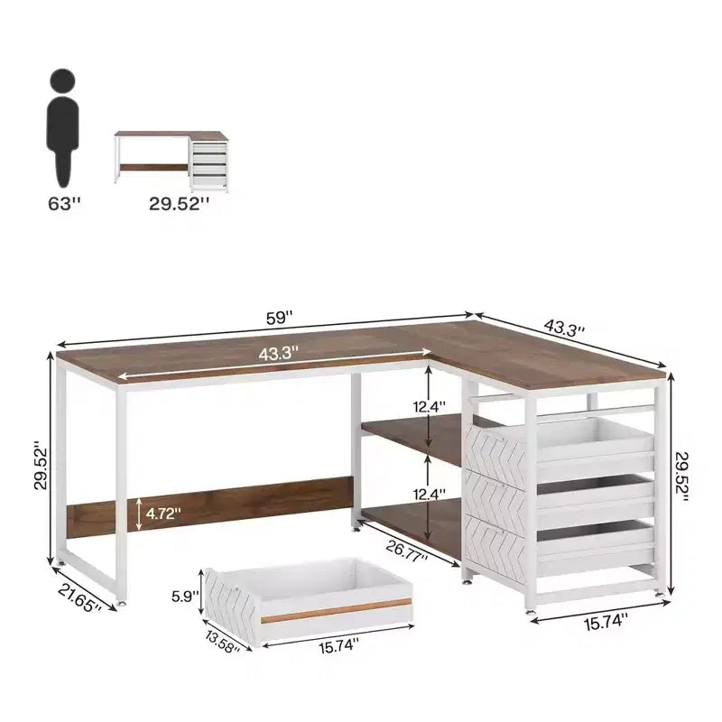 Reversible L-Shaped Desk with 2-Tier Shelf & 4 Drawers