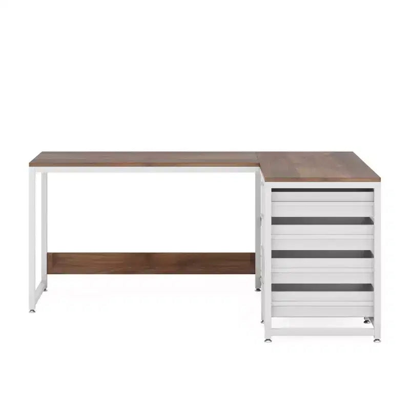 Reversible L-Shaped Desk with 2-Tier Shelf & 4 Drawers