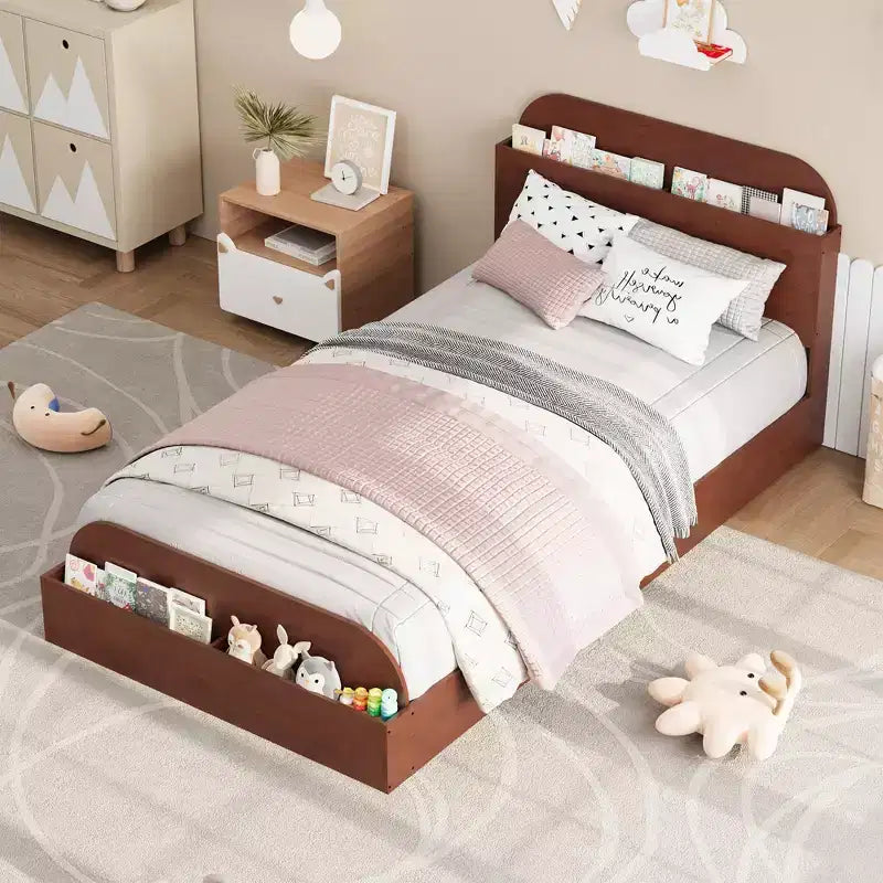 Twin Size Bed Frame, Wooden Beds with Storage Headboard and Raised-Foodboard for Kid, Twin-Floor Low Platform Bed for Bedroom, No Box Spring