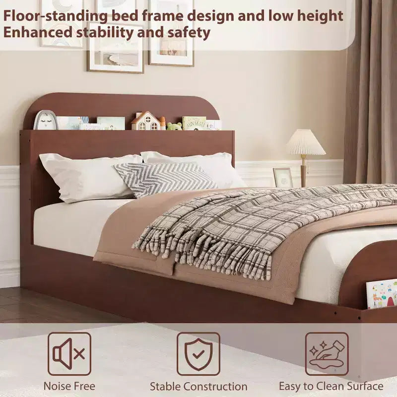 Twin Size Bed Frame, Wooden Beds with Storage Headboard and Raised-Foodboard for Kid, Twin-Floor Low Platform Bed for Bedroom, No Box Spring