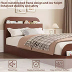 Twin Size Bed Frame, Wooden Beds with Storage Headboard and Raised-Foodboard for Kid, Twin-Floor Low Platform Bed for Bedroom, No Box Spring
