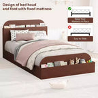 Twin Size Bed Frame, Wooden Beds with Storage Headboard and Raised-Foodboard for Kid, Twin-Floor Low Platform Bed for Bedroom, No Box Spring