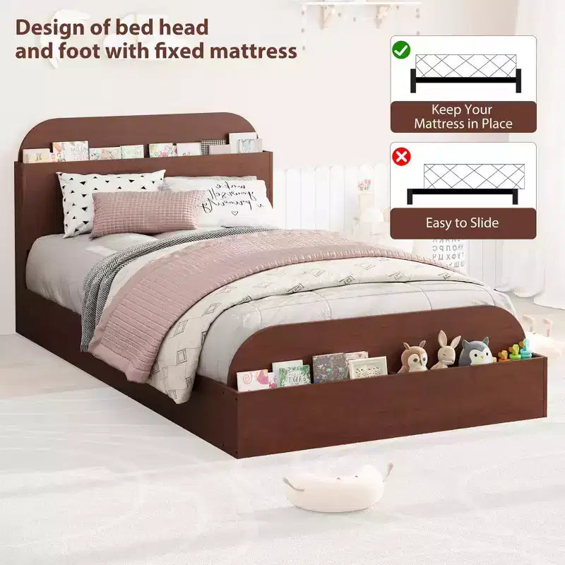 Twin Size Bed Frame, Wooden Beds with Storage Headboard and Raised-Foodboard for Kid, Twin-Floor Low Platform Bed for Bedroom, No Box Spring