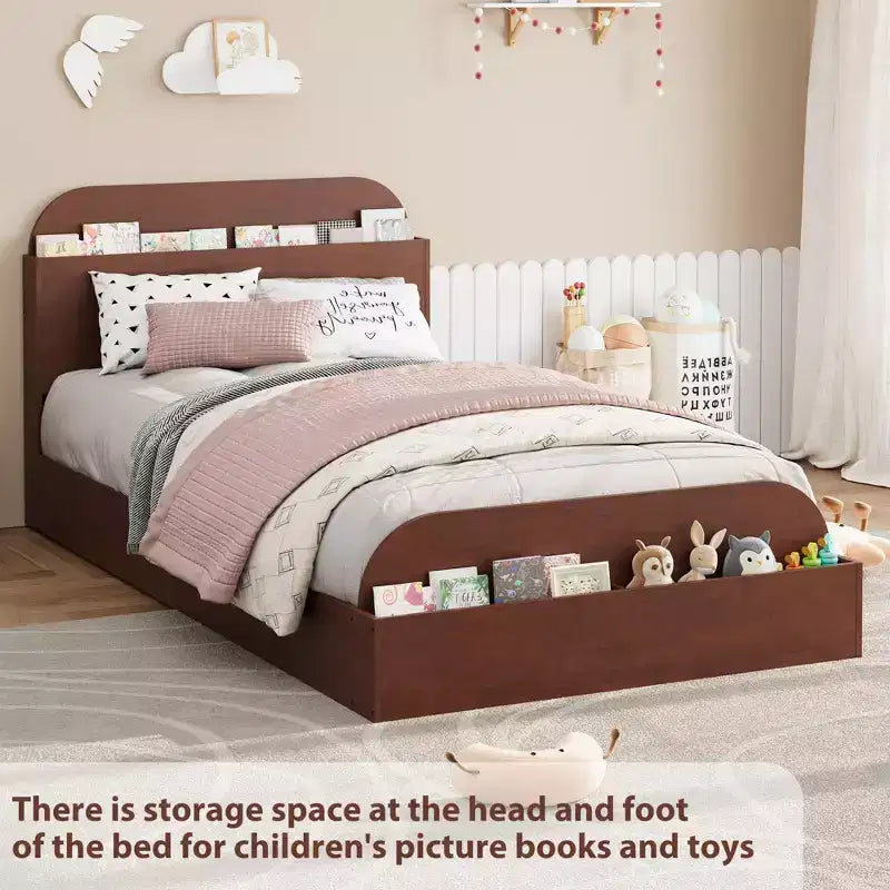 Twin Size Bed Frame, Wooden Beds with Storage Headboard and Raised-Foodboard for Kid, Twin-Floor Low Platform Bed for Bedroom, No Box Spring