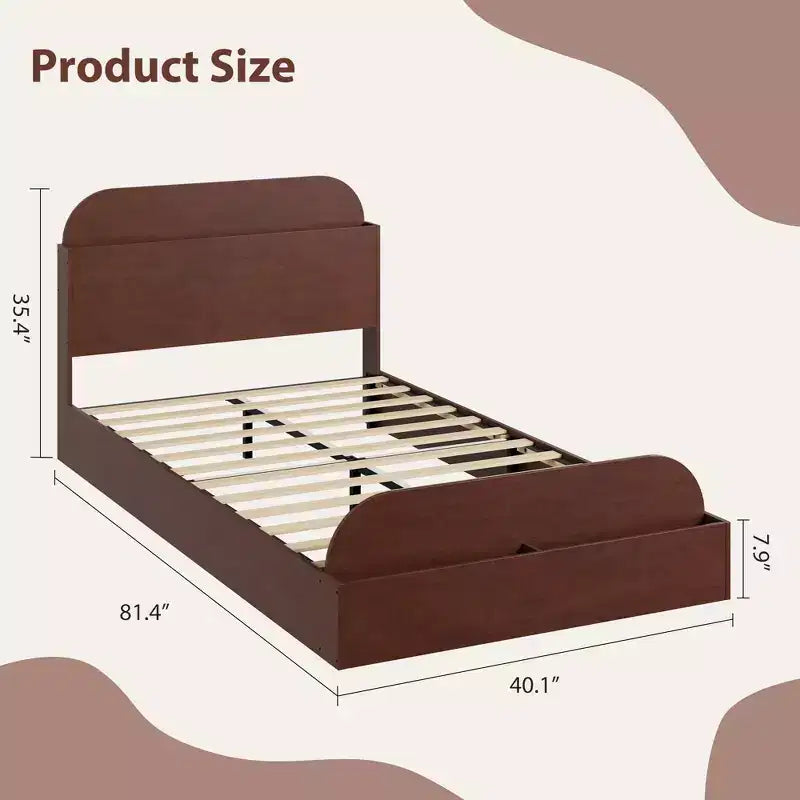 Twin Size Bed Frame, Wooden Beds with Storage Headboard and Raised-Foodboard for Kid, Twin-Floor Low Platform Bed for Bedroom, No Box Spring