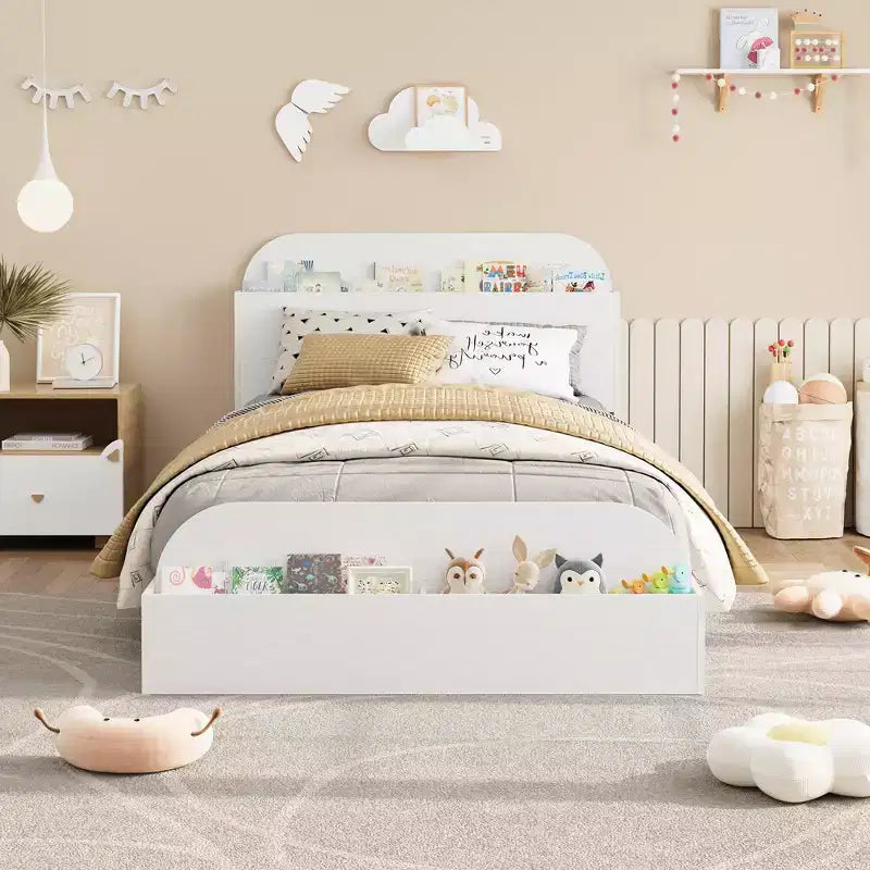 Twin Size Bed Frame, Wooden Beds with Storage Headboard and Raised-Foodboard for Kid, Twin-Floor Low Platform Bed for Bedroom, No Box Spring