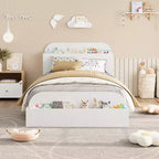 Twin Size Bed Frame, Wooden Beds with Storage Headboard and Raised-Foodboard for Kid, Twin-Floor Low Platform Bed for Bedroom, No Box Spring