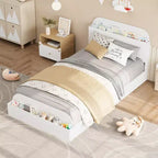 Twin Size Bed Frame, Wooden Beds with Storage Headboard and Raised-Foodboard for Kid, Twin-Floor Low Platform Bed for Bedroom, No Box Spring