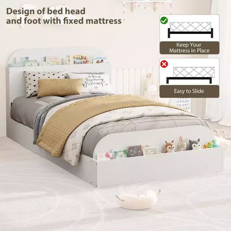 Twin Size Bed Frame, Wooden Beds with Storage Headboard and Raised-Foodboard for Kid, Twin-Floor Low Platform Bed for Bedroom, No Box Spring