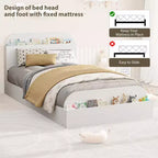 Twin Size Bed Frame, Wooden Beds with Storage Headboard and Raised-Foodboard for Kid, Twin-Floor Low Platform Bed for Bedroom, No Box Spring