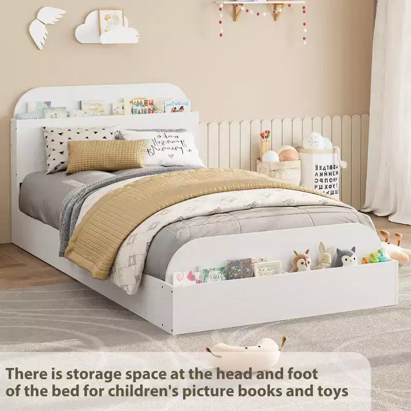 Twin Size Bed Frame, Wooden Beds with Storage Headboard and Raised-Foodboard for Kid, Twin-Floor Low Platform Bed for Bedroom, No Box Spring