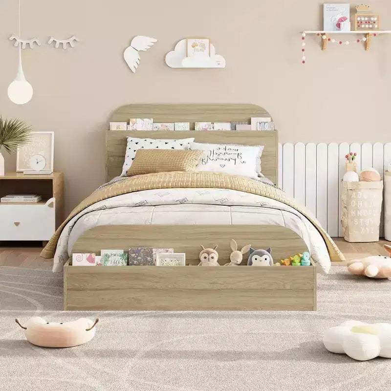 Twin Size Bed Frame, Wooden Beds with Storage Headboard and Raised-Foodboard for Kid, Twin-Floor Low Platform Bed for Bedroom, No Box Spring