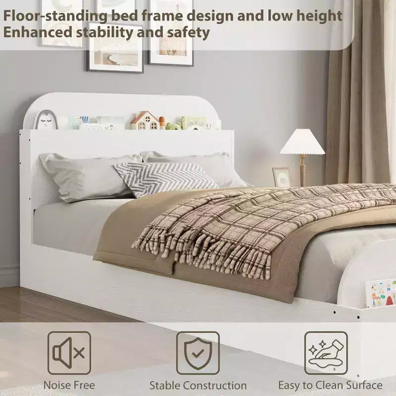 Twin Size Bed Frame, Wooden Beds with Storage Headboard and Raised-Foodboard for Kid, Twin-Floor Low Platform Bed for Bedroom, No Box Spring