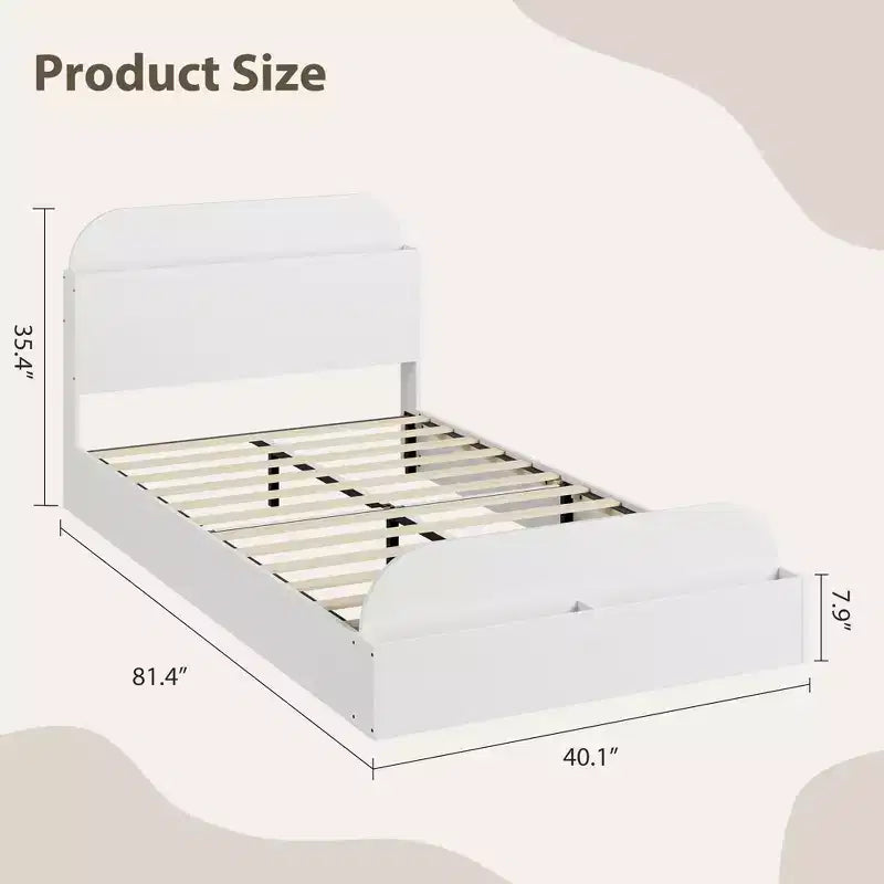 Twin Size Bed Frame, Wooden Beds with Storage Headboard and Raised-Foodboard for Kid, Twin-Floor Low Platform Bed for Bedroom, No Box Spring