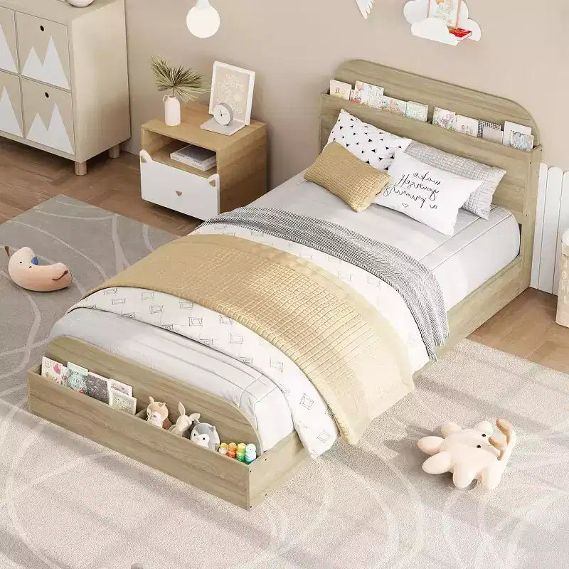 Twin Size Bed Frame, Wooden Beds with Storage Headboard and Raised-Foodboard for Kid, Twin-Floor Low Platform Bed for Bedroom, No Box Spring