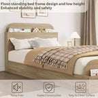Twin Size Bed Frame, Wooden Beds with Storage Headboard and Raised-Foodboard for Kid, Twin-Floor Low Platform Bed for Bedroom, No Box Spring
