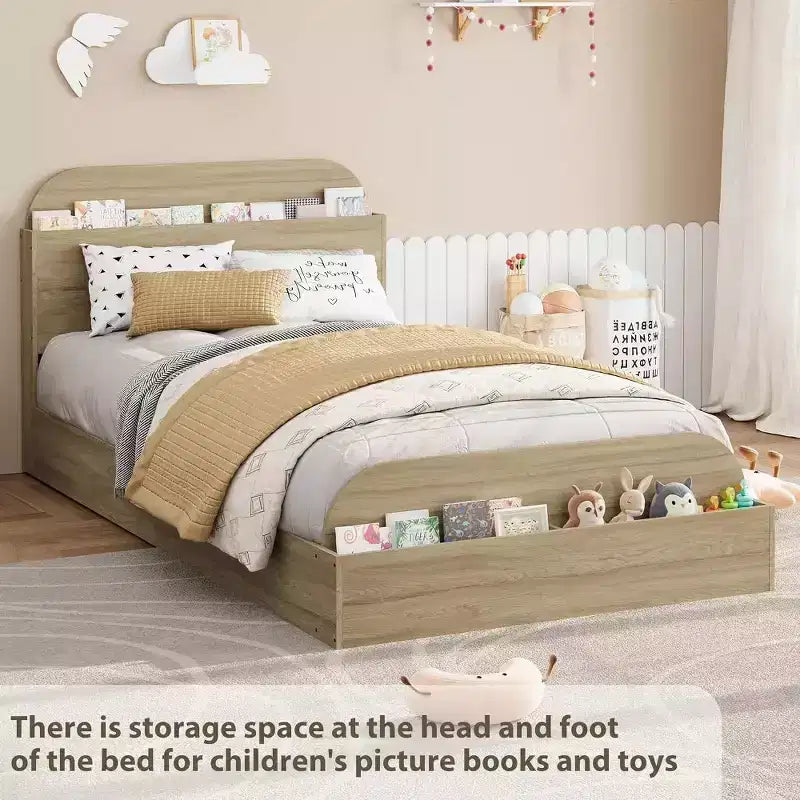 Twin Size Bed Frame, Wooden Beds with Storage Headboard and Raised-Foodboard for Kid, Twin-Floor Low Platform Bed for Bedroom, No Box Spring