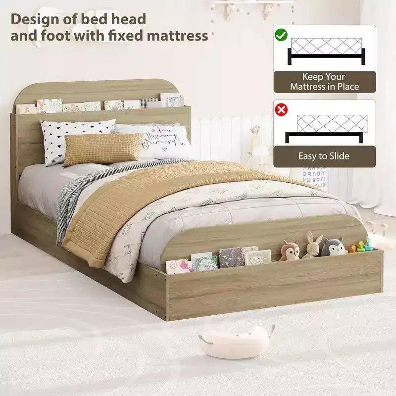 Twin Size Bed Frame, Wooden Beds with Storage Headboard and Raised-Foodboard for Kid, Twin-Floor Low Platform Bed for Bedroom, No Box Spring
