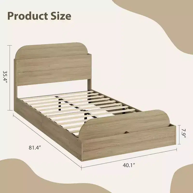 Twin Size Bed Frame, Wooden Beds with Storage Headboard and Raised-Foodboard for Kid, Twin-Floor Low Platform Bed for Bedroom, No Box Spring