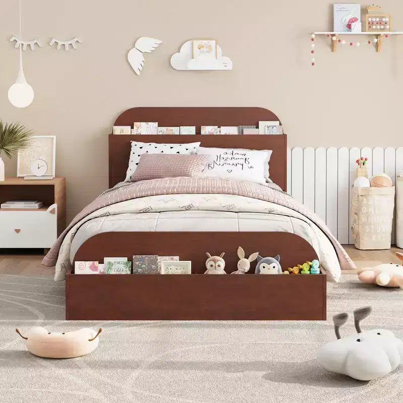 Twin Size Bed Frame, Wooden Beds with Storage Headboard and Raised-Foodboard for Kid, Twin-Floor Low Platform Bed for Bedroom, No Box Spring