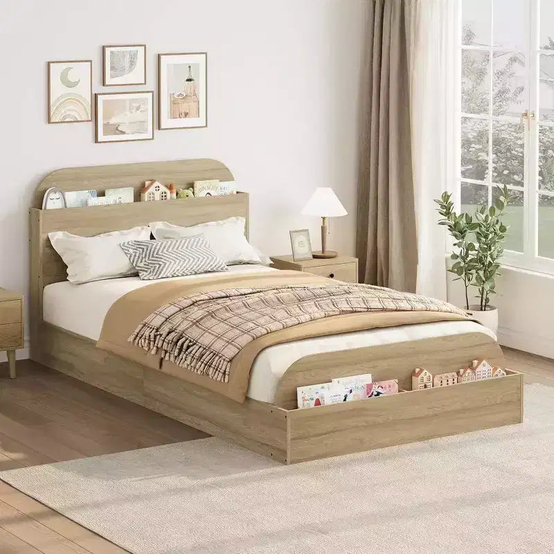 Twin Size Bed Frame, Wooden Beds with Storage Headboard and Raised-Foodboard for Kid, Twin-Floor Low Platform Bed for Bedroom, No Box Spring