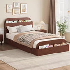 Twin Size Bed Frame, Wooden Beds with Storage Headboard and Raised-Foodboard for Kid, Twin-Floor Low Platform Bed for Bedroom, No Box Spring