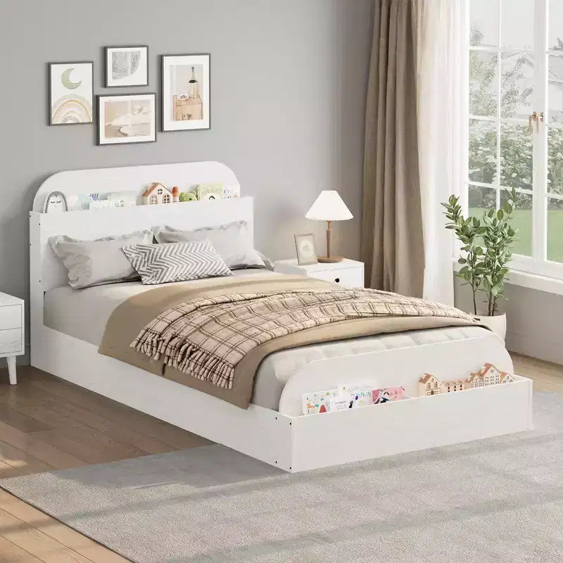 Twin Size Bed Frame, Wooden Beds with Storage Headboard and Raised-Foodboard for Kid, Twin-Floor Low Platform Bed for Bedroom, No Box Spring