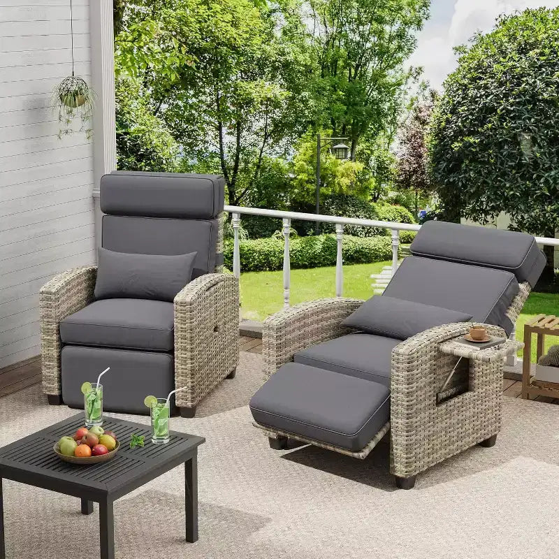 Outdoor Recliner Chair, Rattan Patio Recliner with Air Pump, Adjustable Backrest & Footrest, 150 Lay Flat, Wicker Lounge Recliner Patio Chair , Grey