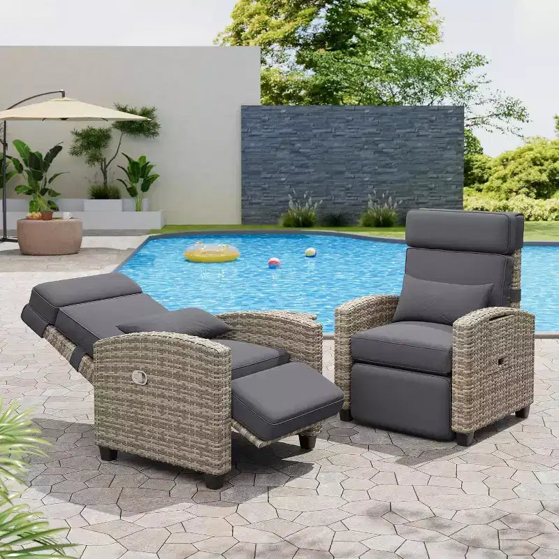 Outdoor Recliner Chair, Rattan Patio Recliner with Air Pump, Adjustable Backrest & Footrest, 150 Lay Flat, Wicker Lounge Recliner Patio Chair , Grey