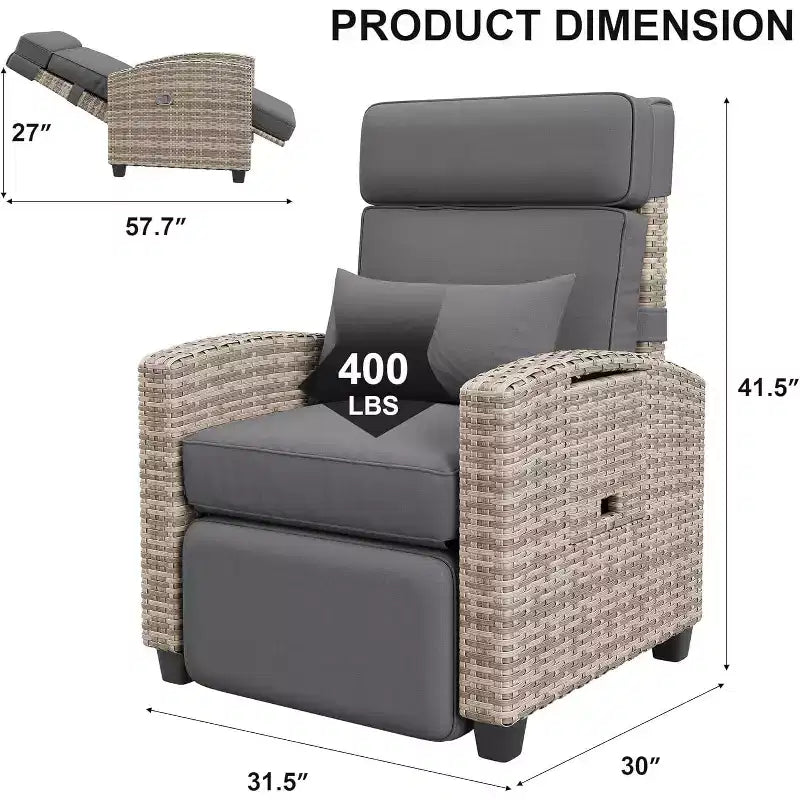 Outdoor Recliner Chair, Rattan Patio Recliner with Air Pump, Adjustable Backrest & Footrest, 150 Lay Flat, Wicker Lounge Recliner Patio Chair , Grey