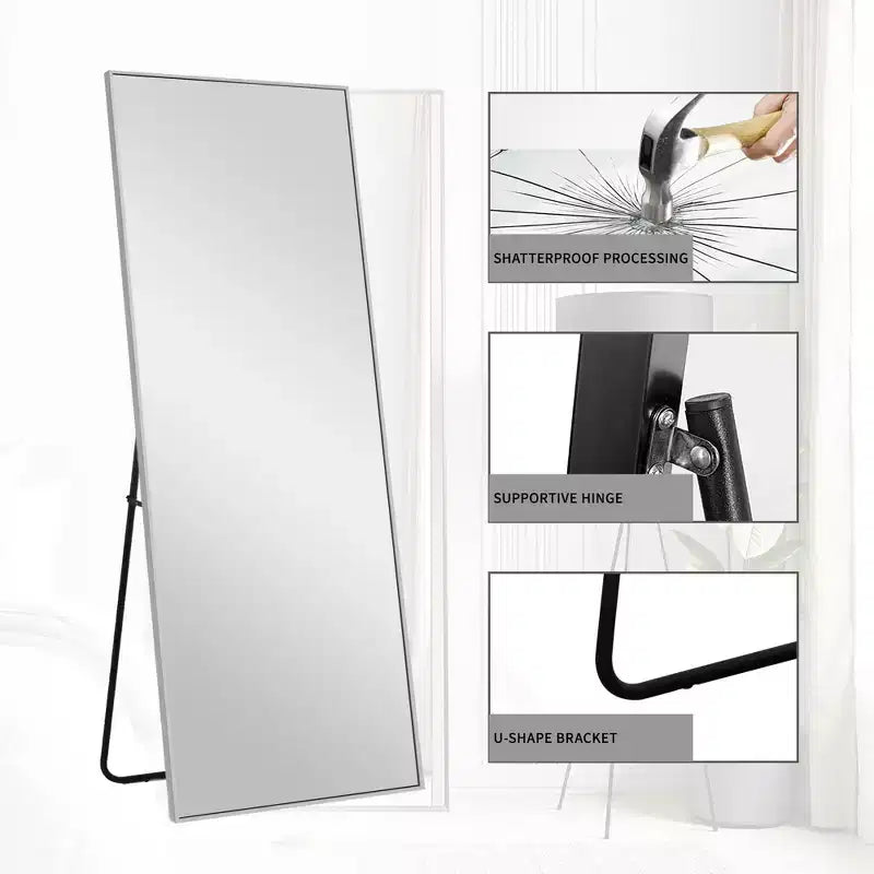 21 in. W x 64 in. H Rectangular Metal Framed Full Length Wall Mirror Free Standing Mirror in Silver