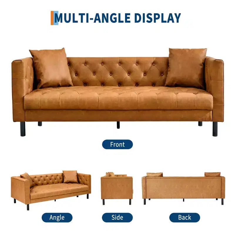 81 Mid-Century Modern Leather Sofa, Button-Tufted 3 Seater Sofa, with Deep Seats and 2 Pillows, for Living Room