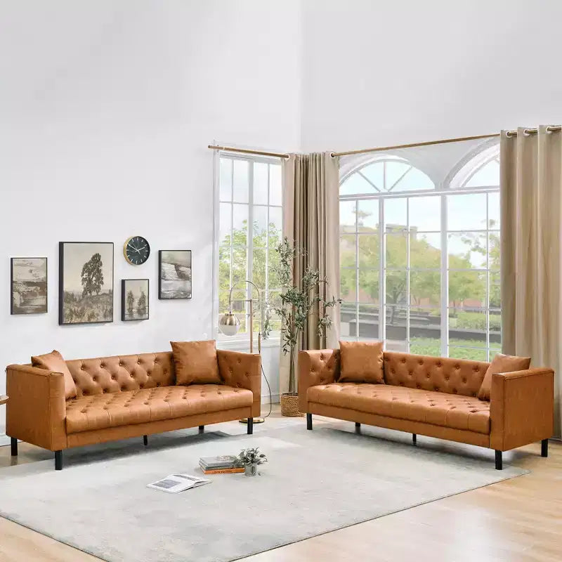 81 Mid-Century Modern Leather Sofa, Button-Tufted 3 Seater Sofa, with Deep Seats and 2 Pillows, for Living Room
