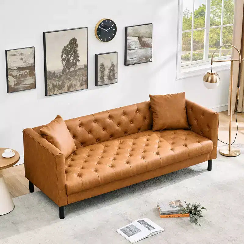 81 Mid-Century Modern Leather Sofa, Button-Tufted 3 Seater Sofa, with Deep Seats and 2 Pillows, for Living Room