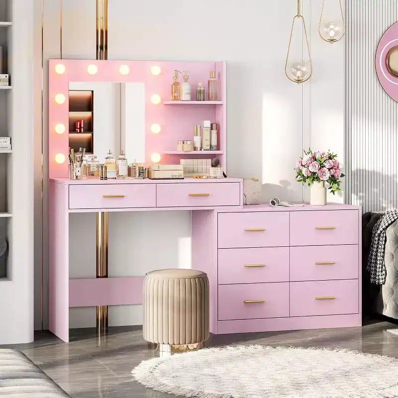 61 Make up Vanity Desk with Mirror and Lights, Vanity with 8 Wide Storage Drawers & 3 Lighting Modes with Adjustable Brightness for Bedroom