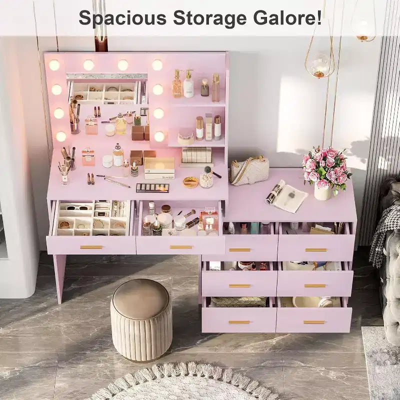 61 Make up Vanity Desk with Mirror and Lights, Vanity with 8 Wide Storage Drawers & 3 Lighting Modes with Adjustable Brightness for Bedroom