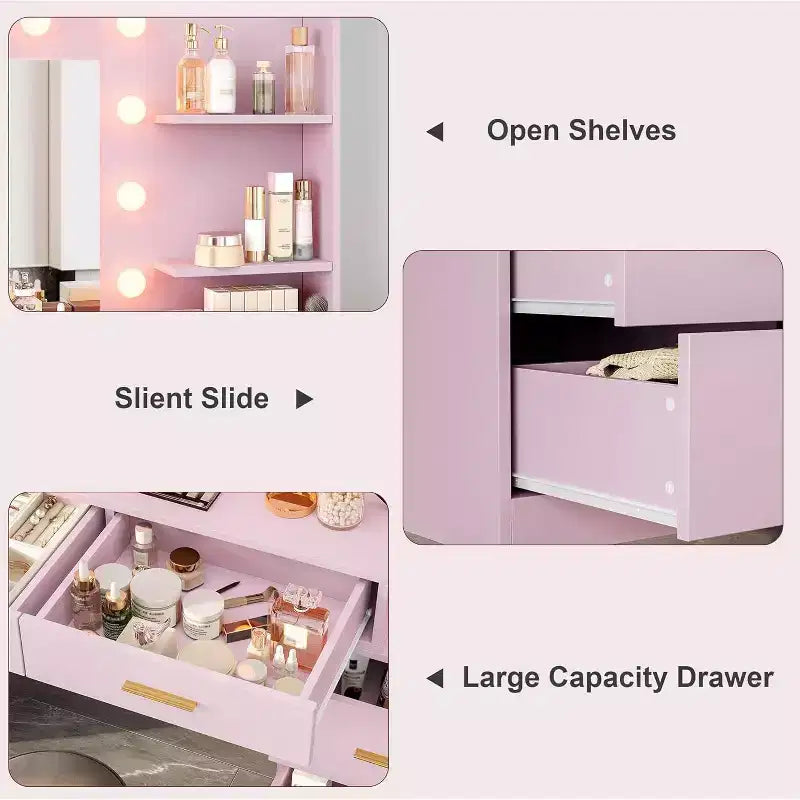 61 Make up Vanity Desk with Mirror and Lights, Vanity with 8 Wide Storage Drawers & 3 Lighting Modes with Adjustable Brightness for Bedroom