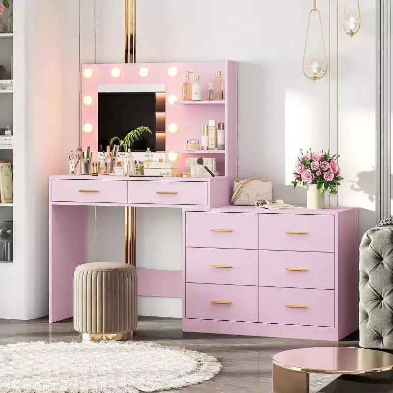 61 Make up Vanity Desk with Mirror and Lights, Vanity with 8 Wide Storage Drawers & 3 Lighting Modes with Adjustable Brightness for Bedroom